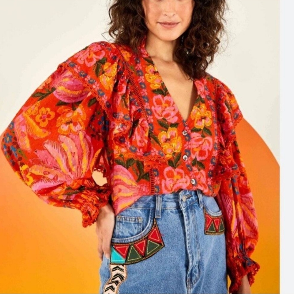 FARM Rio Red Floral V-Neck Puff-Sleeve Blouse with Pink & Orange Accents